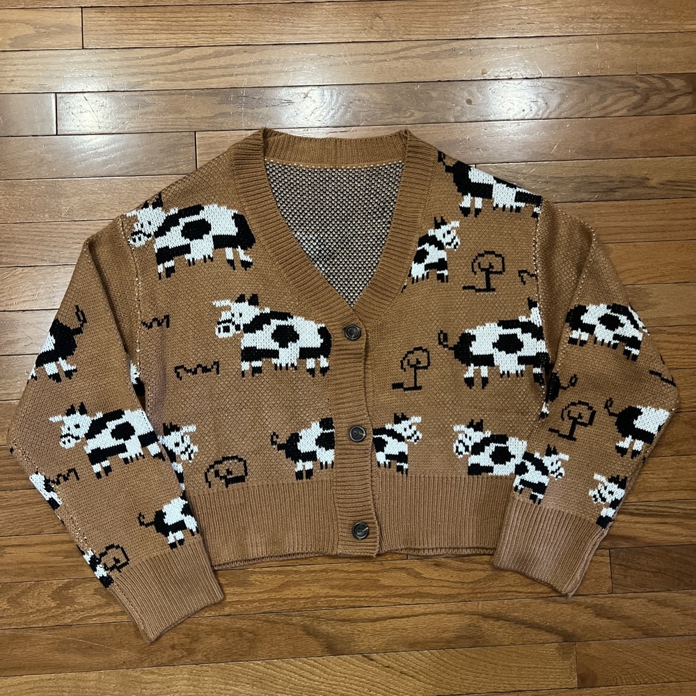 Romwe Cow Print Farm Cardigan Sweater Brown Cropped Button Front XXL Cottage